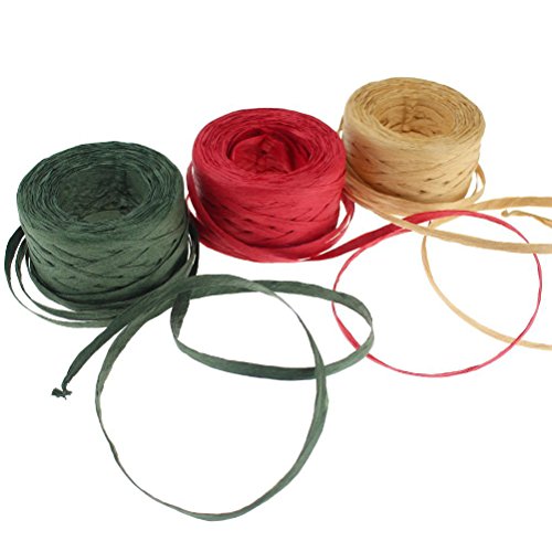 CREATRILL 3 Rolls Red Green Kraft 1/4' by 492 Feet Raffia Ribbon/String, 164Feet Each Roll, Packing Paper Twine for Christmas