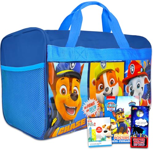 Nick Shop Paw Patrol Duffle Bag Set for Boys, Kids - 4 Pc Bundle With Paw Patrol Carry On Travel Bag, Stickers, Door Hanger, and More | Paw Patrol Sleepover Sports Bag