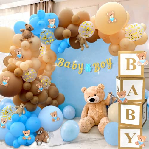 134 pc Teddy Bear Baby Shower Decorations for Boy - Balloon Arch Garland & BABY Boxes, Baby Boy Gold Glitter Banner and Bear Cutouts – Teddy Bear Themed Boy Baby Shower Decorations