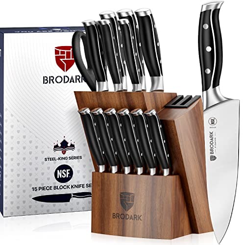 BRODARK Kitchen Knife Set with Block, Full Tang 15 Pcs Professional Chef Knife Set with Knife Sharpener, Food Grade German Stainless Steel Knife Block Set, Steel-king Series, Christmas Gifts
