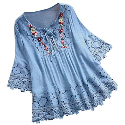Plus Size Blouse Women Vintage Lace Patchwork Bow V-Neck Embroidery Summer Three Quarter Retro Solid Tops T-Shirt S-5XL Sky Blue