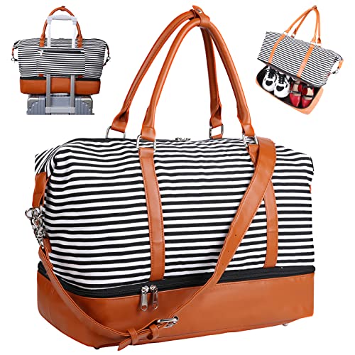 Bodaon Weekender Bag Carry on Overnight Duffel for Women, Sports Gym Tote Bags, Carrying Weedkend Travel Bags for Ladies, Large Canvas& PU Leather with Shoe Compartment Duffle (Black White Strips)