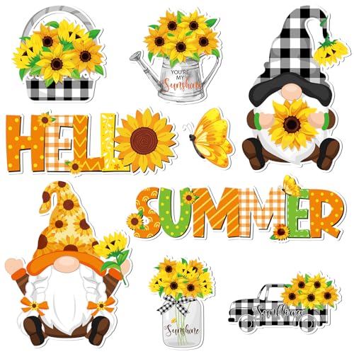 Copkim 9 Pieces Summer Magnets Gnomes Sunflower Butterfly Truck Magnetic Stickers Hello Summer Fridge Magnet Decals for Summer Holiday Flowers Refrigerator Metal Door Garage Car Decorations