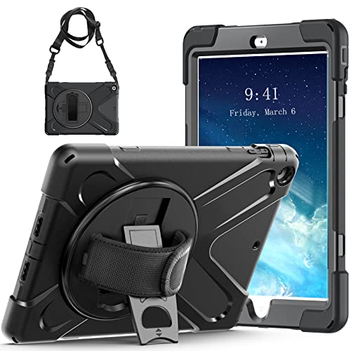 iPad Air Case 1st Generation 2013, TSQ Heavy Duty Shockproof | Hard Rugged Protective Cover w/Rotating Stand Handle Hand Shoulder Strap for iPad Air 9.7 Inch A1474/A1475/A1476 | Black