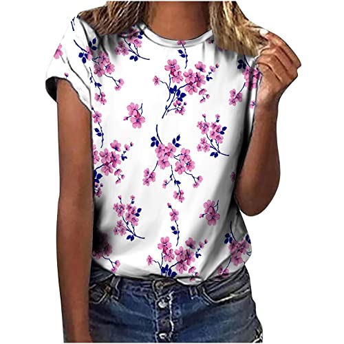 ZunFeo Womens Summer Top Shirts Floral Print Round Neck Short Sleeve Tees Fashion Graphic Y2k Tops Trendy Pullover