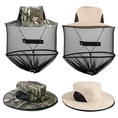 2 Pack Mosquito Head Net Hat, Sun Hat Bucket Hat with Hidden Net Mesh Mask for Outdoor Lover Fishing Hiking Gardening Beekeeping Men or Women, Khaki, Large