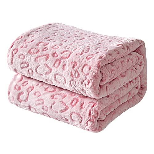 FY FIBER HOUSE Flannel Fleece Leopard Print Throw Blanket, Super Soft Lightweight Queen Size Bedspreads, 90'X90', Pink