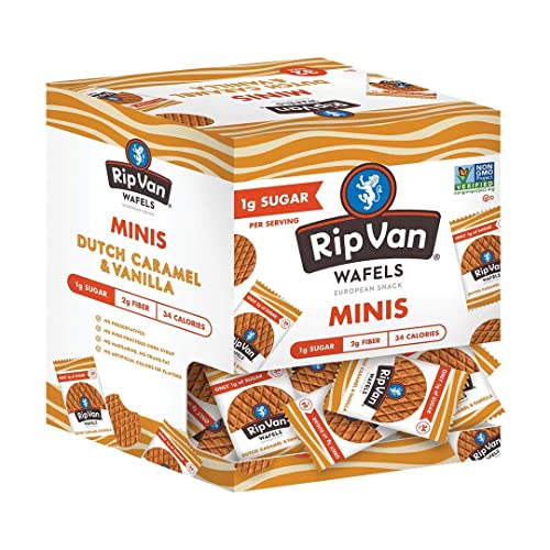 Rip Van Wafels Dutch Caramel & Vanilla Mini Stroopwafels - Low Carb/Calorie (3g Net Carbs) - Non GMO- Keto Friendly - Office Snacks - (34 Calories) - Low Sugar (1g) - 32 Pack
