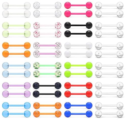 Prjndjw 48Pcs 14mm 14G Glow in Dark Flexible Acrylic Straight Tongue Nipple Ring Retainer Body Piercing Jewelry for Women Men 14mm Bar 14 Gauge Barbell Nipple Piercings