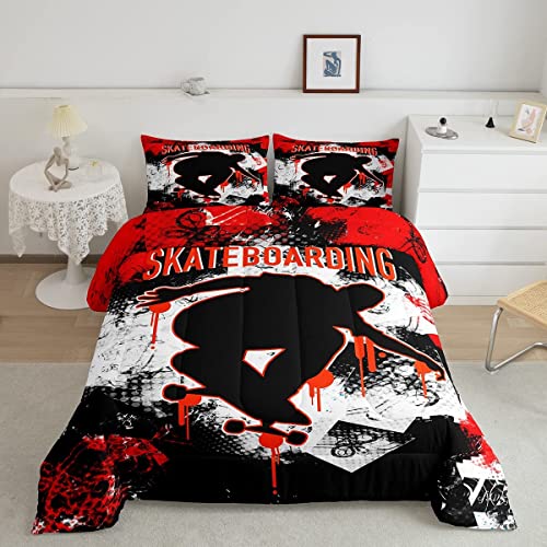 Feelyou Graffiti Comforter Set Kids Boys Teens Skateboard Sports Bedding Set Trippy Hip Pop Duvet Skater Silhouettes Quilted Duvet Set with 1 Pillow Sham Twin Size Red Black 2Pcs Boys