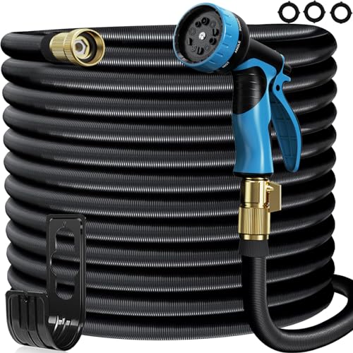 Garden Hose 100ft, Lightweight Garden Hose with 4-layer latex material,Extends, Retracts, Kink-Resistant, 10-Function Spray Nozzle (Black)