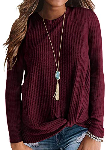 Neineiwu Womens Loose Blouse Long Sleeve Casual T Shirts Twist Knot Tops (Small, Wine Red)
