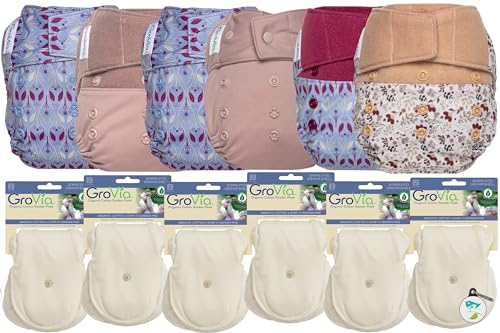 GroVia Hybrid Part Time Package: 6 Shells + 12 Organic Cotton Soaker Pads (Color Mix 22 - Both Closures)