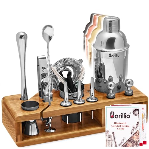 23-Piece Bartender Kit Cocktail Shaker Set by BARILLIO: Stainless Steel Bar Tools with Sleek Bamboo Stand, Velvet Carry Bag & Recipes Booklet… (Silver, Bamboo)