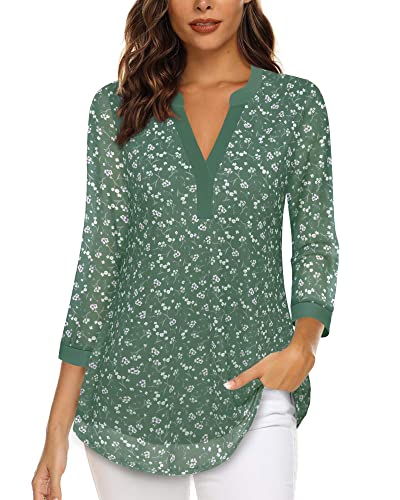 Timeson Womens Blouses and Tops Dressy 3/4 Sleeve,V Neck Tunics or Tops to Wear with Leggings Professional Work Attire for Women No Iron Long Dress Shirts Sheer Peasant Ladies Floral Multi- Green L
