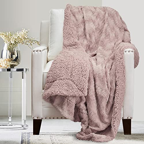 The Connecticut Home Company Throw Blanket, Soft Plush Reversible Faux Fur and Sherpa, Warm Thick Throws for Bed, Comfy Washable Bedding Accent Blankets for Sofa Couch Chair, 65x50, Dusty Rose