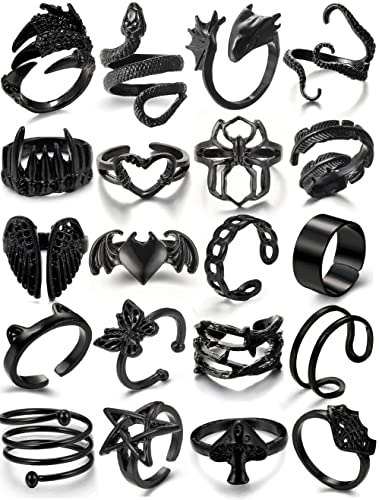 Black Gothic Vintage Rings Set - 20 PCS Adjustable Cool Punk Snake Claw Rings Pack for Men,Open Statement Stacking Ring Set for Women Girls (black 1)