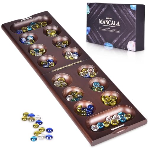 VAMSLOVE Wooden Mancala Board Game with Magnetic Lock / 48+8 Extra Multi Color Glass Stones, Folding Mancala Set for 2 Player, 6 Age and Up (Instructions Included)
