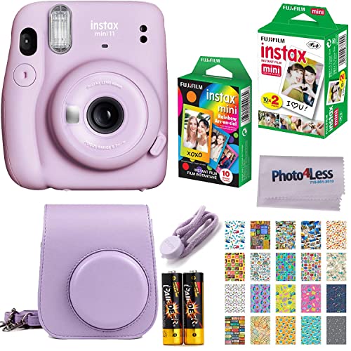 Fujifilm Instax Mini 11 Instant Camera - Lilac Purple (16654803) + Instax Mini Twin (16437396) + Single Pack Rainbow Film + Case + Travel Stickers