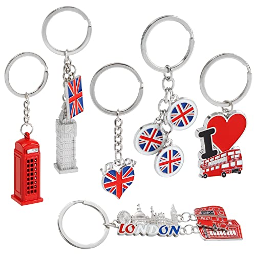 6 Pack London Keychain Souvenir Gifts, Key Rings with British UK Flag, Phone Booth, Big Ben, Double-Decker Bus, England