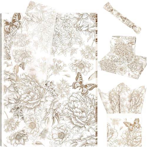 Bolsome 100 Sheets 20 * 14 Inches Vintage Floral Printed Tissue Paper Coffee Gold Peony Butterfly Printed Gift Wrapping Tissue Paper Peonies, Hydrangea Dragonflies Wrapping Tissue