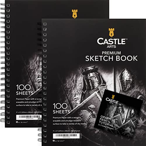Castle Art Supplies Premium Sketch Book 9in x 12in | Double Sketch Pad Pack | 200 Sheets of Quality 90gsm Paper | for Adult Artists and Learners | Spiral Bound for Versatility