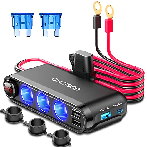 EUGIZMO 12V Cigarette Lighter Socket Splitter, 200W 3 Socket Multi Port Car Cigarette Lighter Adapter Plug Splitter USB Charger Auxiliary 12 Volt Power Outlet Socket with Eyelet Terminal