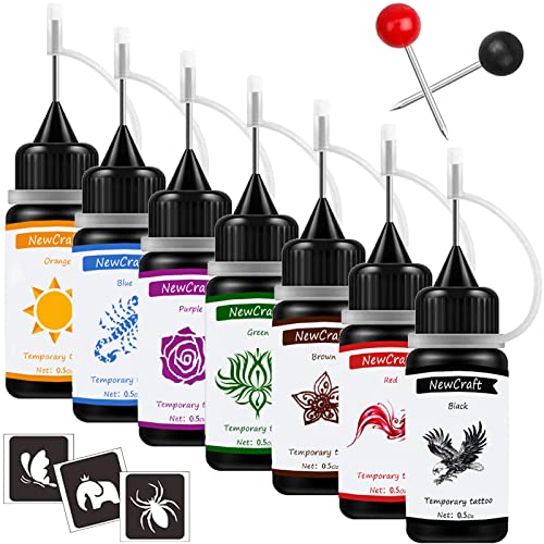 Temporary Tattoo Ink and Stencils for Adults Teens Kids, Temporary Tattoo Kit Skin Friendly - Black Red Brown Green Purple Blue Orange