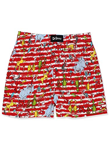 Dr. Seuss Grinch Cat in the Hat Men's Button Fly Boxer Lounge Shorts (Medium, Red)