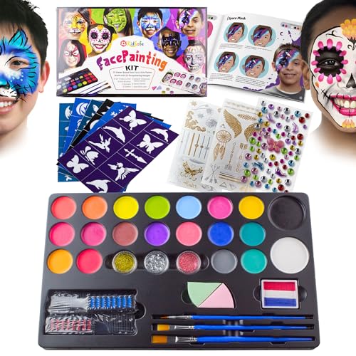 KidSafe 20-Color Face Painting Kit for Kids: Non-Toxic Water-Based Paints with Professional Tutorial Book (50 Designs), Stencils, Glitters, Hair Chalks & Brushes