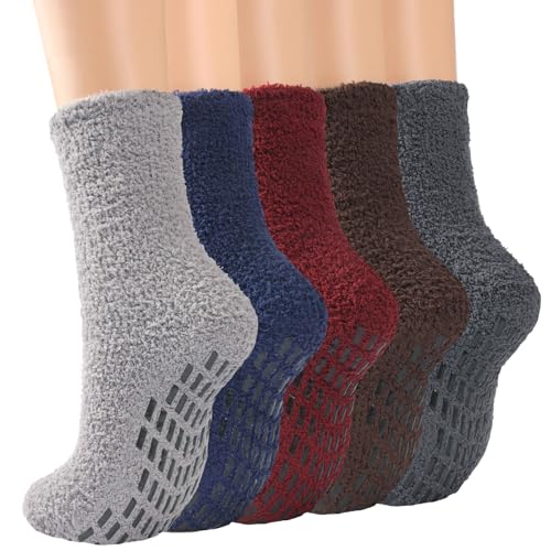 Fuzzy Socks Men with Grippers, Winter Fluffy Slipper Socks Stocking Stuffers Mens Hospital Socks Cozy Warm Non Slip Heated Plush Sleep Footies 5 Pairs