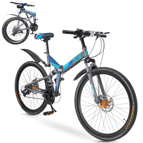Zacro 26 Inch Folding Mountain Bike, Upgraded 24 Speed with Dual Suspension/Double Disc Brake/Aluminum Pedal, High-Carbon Steel Frame MTB Road Bicycle for Men/Women/Youth/Adults, Black Blue
