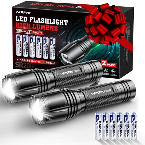 WdtPro LED Flashlight High Lumens SR2000 Pro - 2 Pack Powerful 3000 Lumens Tactical Flashlights with 5 Modes & Zoomable - Bright Mini Flash Light for Emergency, Camping, Hiking