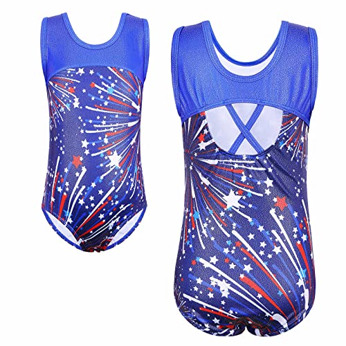 TFJH E Girls Leotards Gymnastics Apparel Athletic Bodysuits Tank Practice Outfits American Flag Blue Star 8A