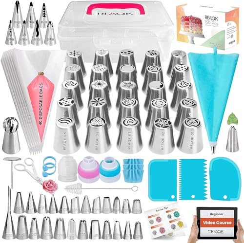 RFAQK 150PCs Russian Piping Tips Complete Set - Cookie,Cupcake Decorating Supplies Kit -Cake Piping Tips Set(24 Icing Tips+25 Russian+7 Ruffle+Leaf&Ball+41 Pastry Bags+EBook) (Blue)