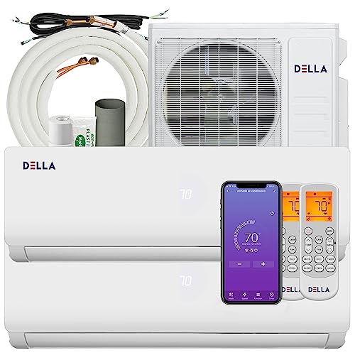DELLA 18K BTU ODU 2 Dual Zone 9000 9000 BTU 19 SEER2 208-230V Cools Up to 800 Sq.Ft Wifi Multi Zone Ductless Pre-Charged Mini Split Air Conditioner Heat Pump Full Set with 16ft Installation Kits