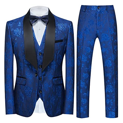 Tuxedo Suits for Men 3 Piece Regular Fit Suit Floral Pattern Blazer Jacket Waistcoat Pants Men Suit Set for Wedding Royal Blue