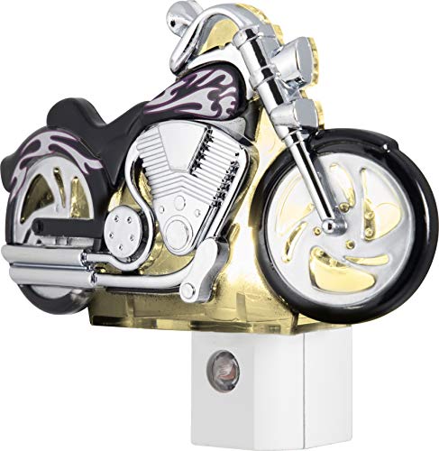 GE LED Motorcycle Night Light, Plug-In, Dusk-to-Dawn Sensor, Auto On/Off, Energy-Efficient, Soft White, Flames & Chrome Design, Ideal for Bedroom, Playroom, Bathroom, & More, Black/Silver, 10904