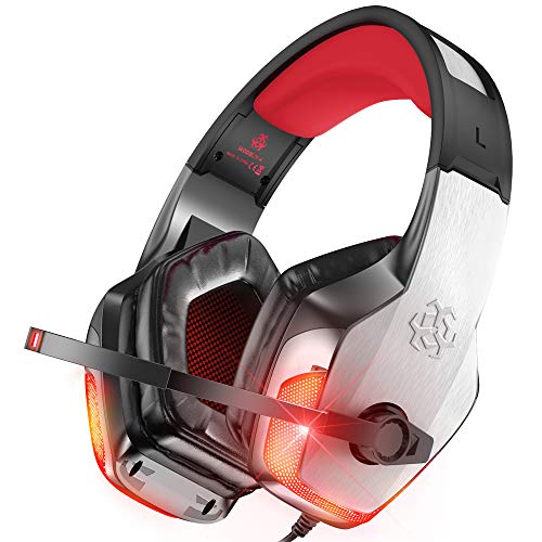 BENGOO V-4 Gaming Headset for Xbox One, PS4, PC, Controller, Noise Cancelling Over Ear Headphones with Mic, LED Light Bass Surround Soft Memory Earmuffs for PS5 Laptop Mac PS2 Gamecube -Red