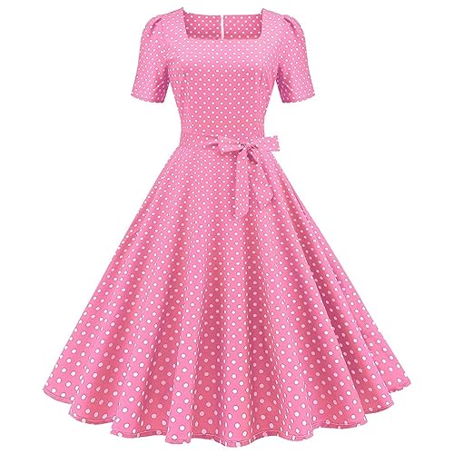 LCMTWX Women's Style Square Neck Short Sleeve Polka Dot Print Waist Wrap Dress Sleeveless Cotton Dress Women (Pink, L)