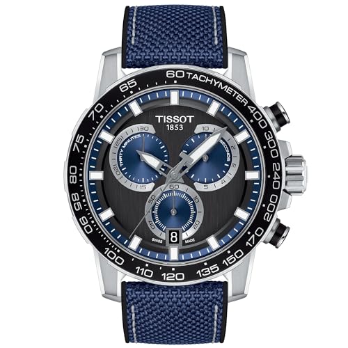 Tissot Mens Supersport Chrono 316L Stainless Steel case Swiss Quartz Watch, Blue, Black, Textile, 22 (T1256171705103)