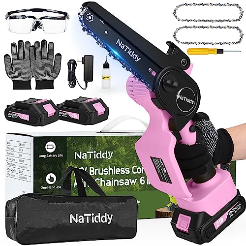 NaTiddy Mini Chainsaw Cordless - 6 Inch with Lightweight Brushless Motor, Battery Packs, 1x Charger & Bag