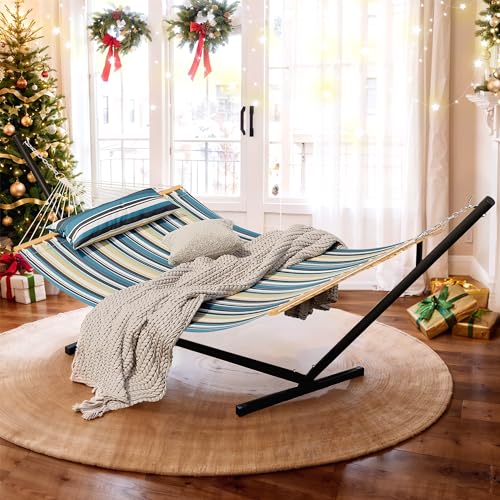 YITAHOME 12FT Hammock with Stand Included Hammock Heavy Duty Hammocks Waterproof Poratble Freestanding Hammock with Pillow Storage Bags 450lbs for Outdoors,Backyard,Blue Stripes