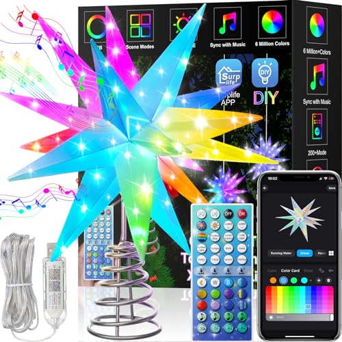 Christmas Star Tree Topper, 12Inch Smart Lighted Treetop Christmas Tree Decorations, Bluetooth App Control Music Sync Color Changing LED Christmas Light with Remote, Indoor and Outdoor (12Inch)