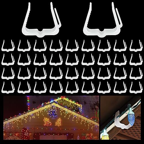 jixsloft 50 Pcs Christmas Light Hanger Clips, 1 5/8' Fascia Board Clips, Deck Banister Light Clips, Holiday Light Clips Hangers Outside Indoor for Fascia Board in Thickness from 1''-1 5/8'