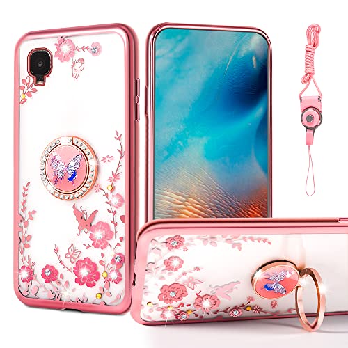 Case for Alcatel TCL A3 A509DL, TCL A30 Case Cute Soft Silicone TPU Slim Pink Cover for Women Girls with Bling Diamond Ring Kickstand Shockproof Drop Protection Phone Case for TCL A3 - Rose Butterfly