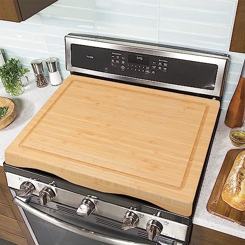 Stove Cover Board Gas Stovetop - 29.5'x21.25' Cooktop Covers for Stove Top, Raised Cutting Board with Legs and Juice Grooves,Wood Stove Covers for Gas Burners, Adjustable Cover for RV Stove