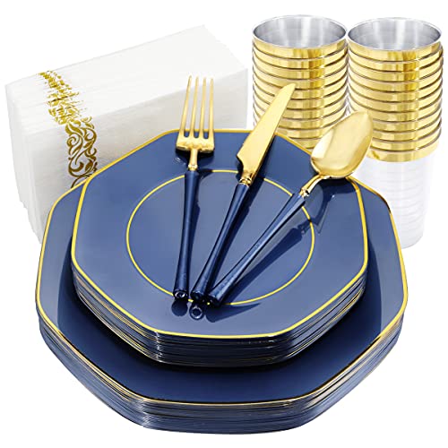 KIRE 140Pcs Blue Plastic Plates with Gold Rim& Gold Disposable Plastic Silverware with Blue Handle&Clear Gold Cups&Hand Napkin- Geometric Blue Party Plates for Holiday&4th of July