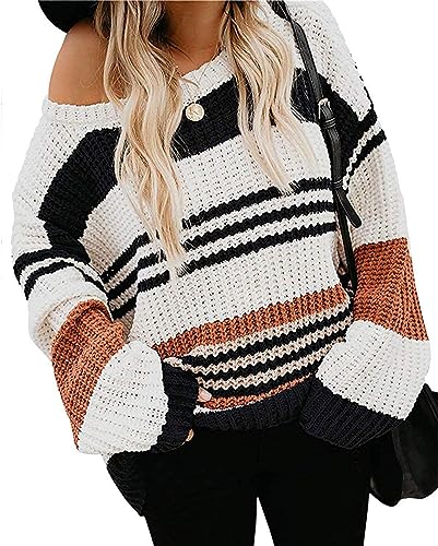ZESICA Women's 2023 Fall Long Sleeve Crew Neck Striped Color Block Casual Loose Knitted Pullover Sweater Tops,Black,Medium