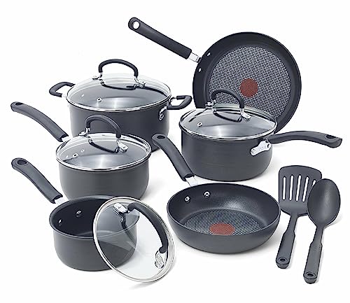 T-fal Ultimate Hard Anodized Nonstick Cookware Set 12 Piece Oven Safe 400F, Lid Safe 350F Pots and Pans, Dishwasher Safe Black